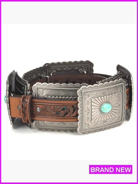 Western Belt with Turquoise Concho Accents Genuine Leather Tooled Embossing main image 7